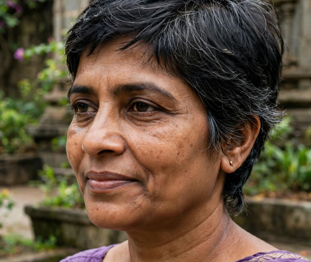 South Asian woman with a pixie with feathered nape