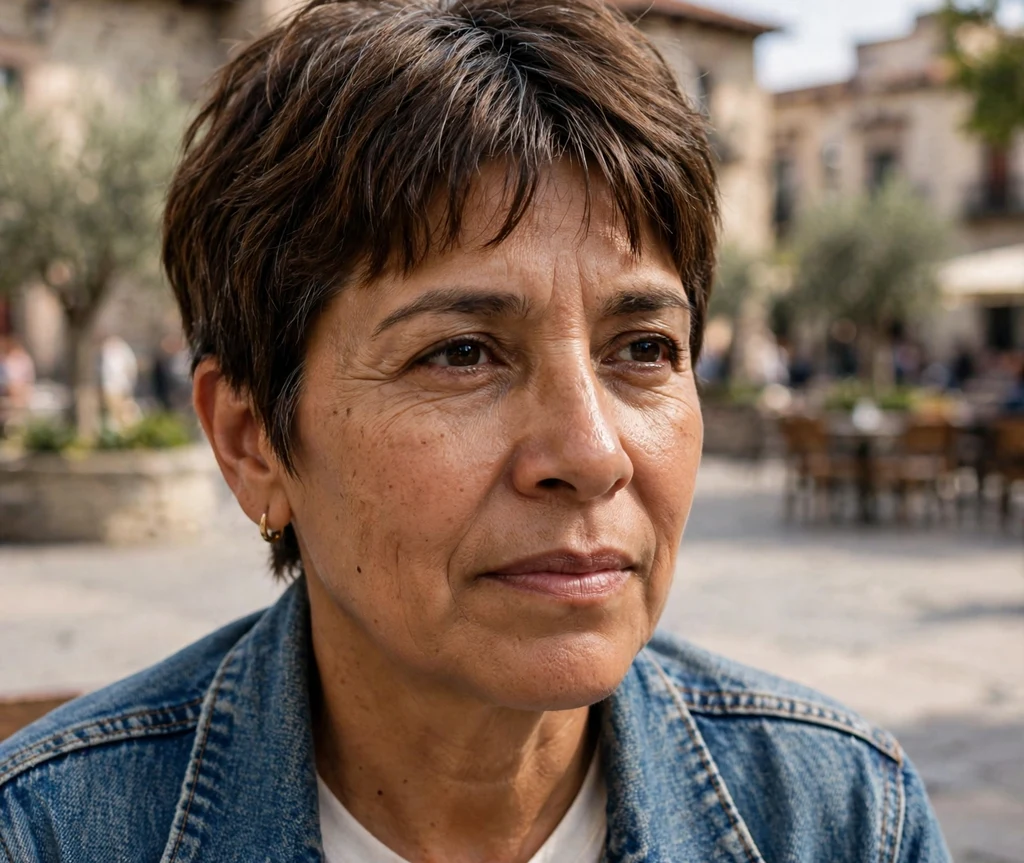 Latina woman with a textured pixie with curtain fringe