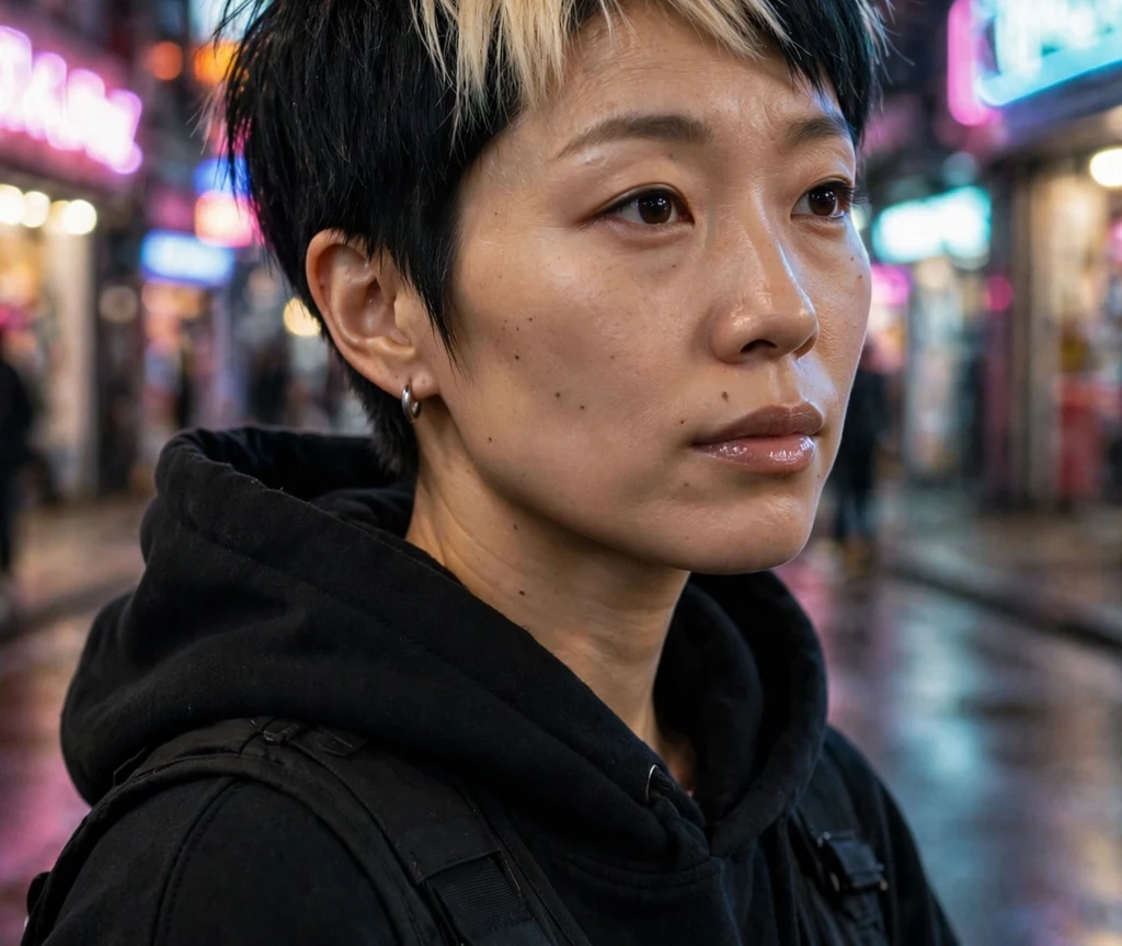 East Asian woman with a pixie with bold blonde color block
