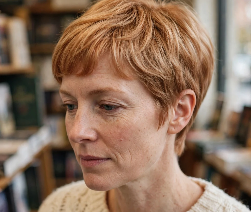 Woman with a soft pixie with rounded fringe