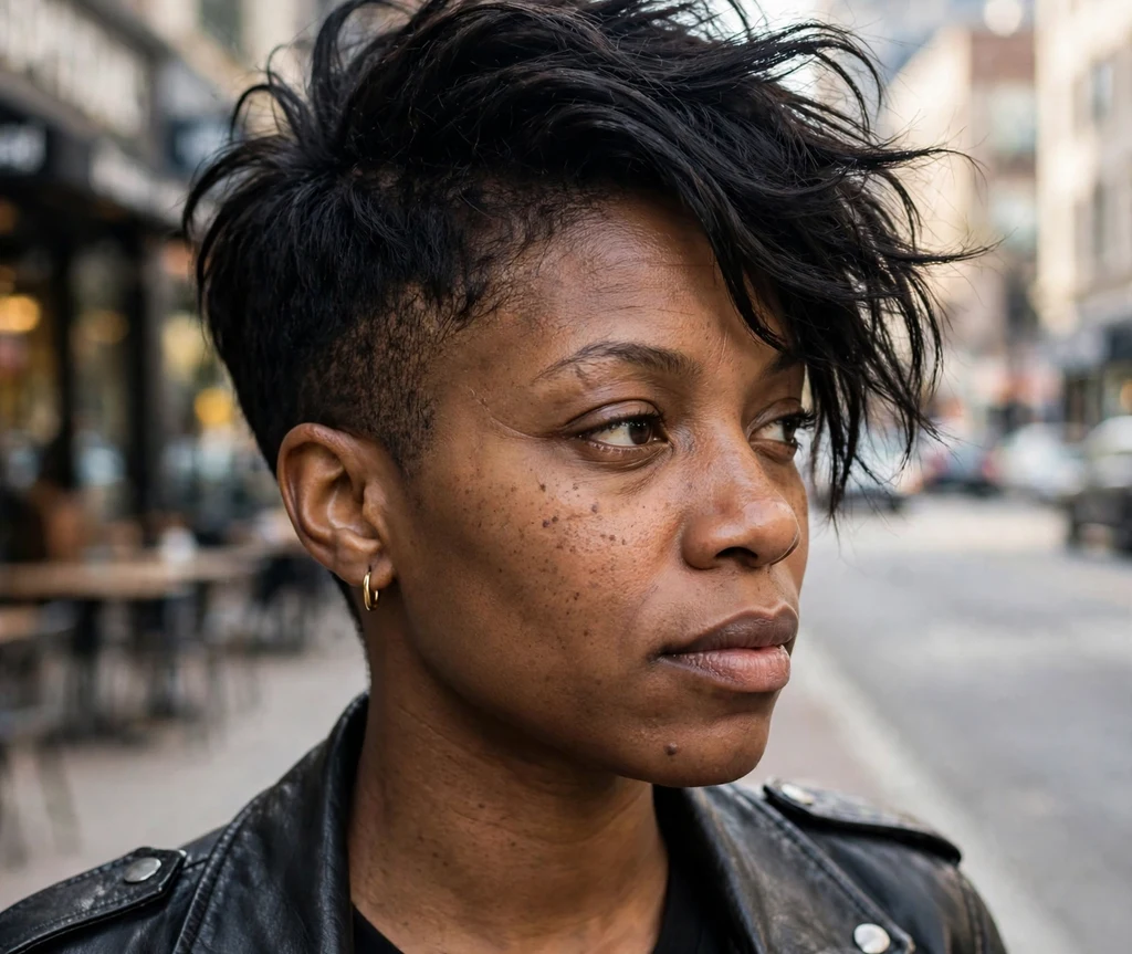 Black woman with a pixie with disconnected long top