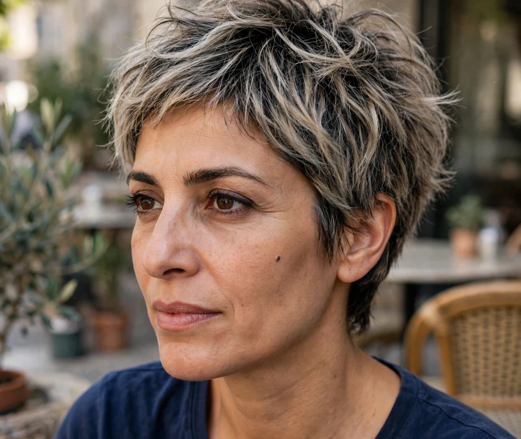 Middle Eastern woman with a tousled ash blonde balayage pixie