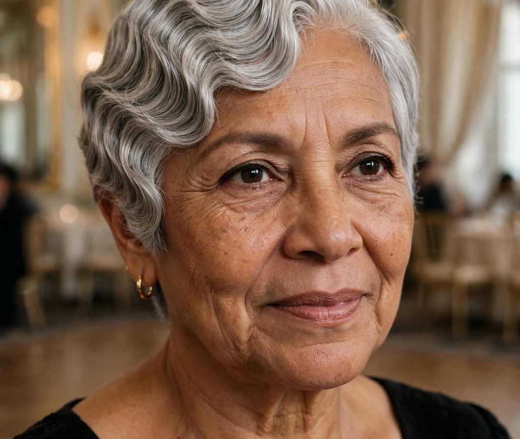 Older Latina woman with a pixie with sculpted finger waves