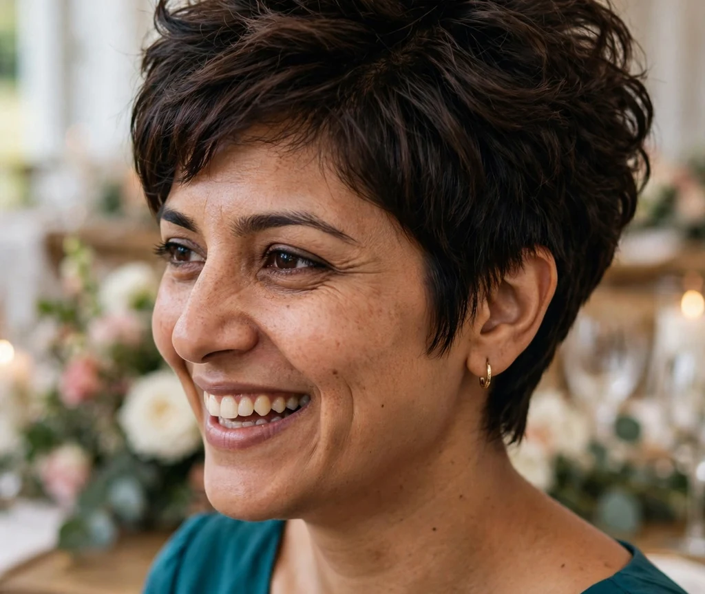 South Asian woman with a voluminous layered pixie