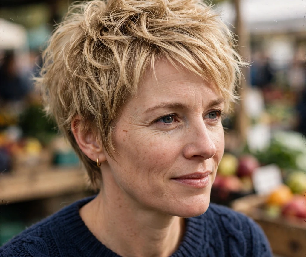 Voluminous textured pixie on fine honey blonde hair, Caucasian woman in her mid 30s, navy sweater, farmers market