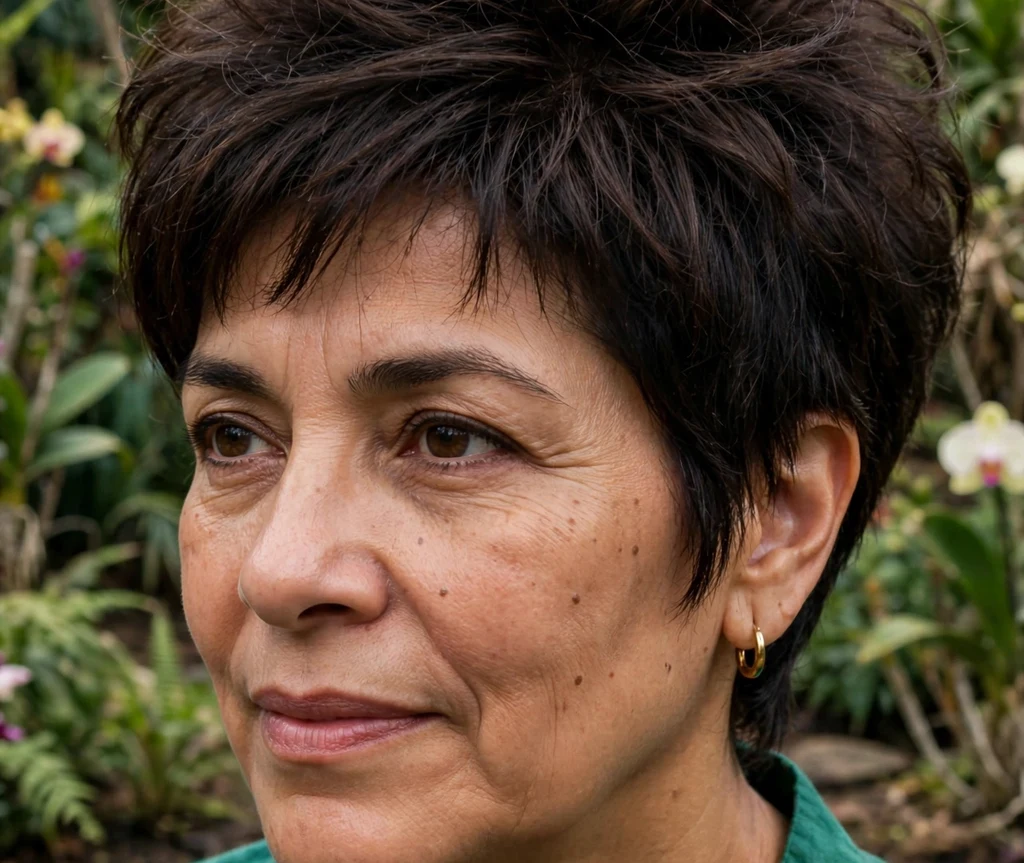 Teased-crown pixie on fine espresso hair, Latina woman in her late 40s, emerald blouse, botanical garden