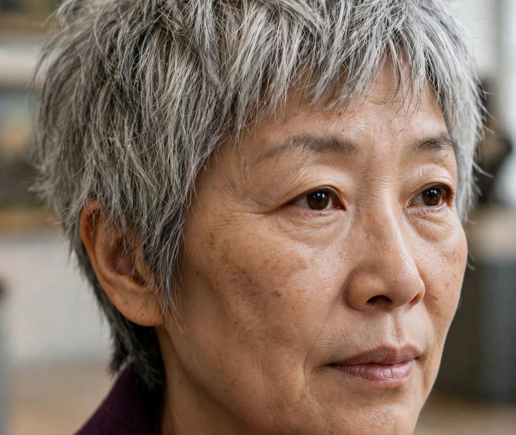 Thick-looking choppy pixie on fine silver hair, East Asian woman in her early 50s, plum coat, art museum