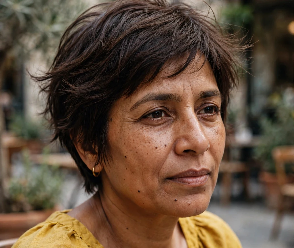 Full-feathered pixie on fine dark brown hair, South Asian woman in her mid 40s, mustard dress, café courtyard