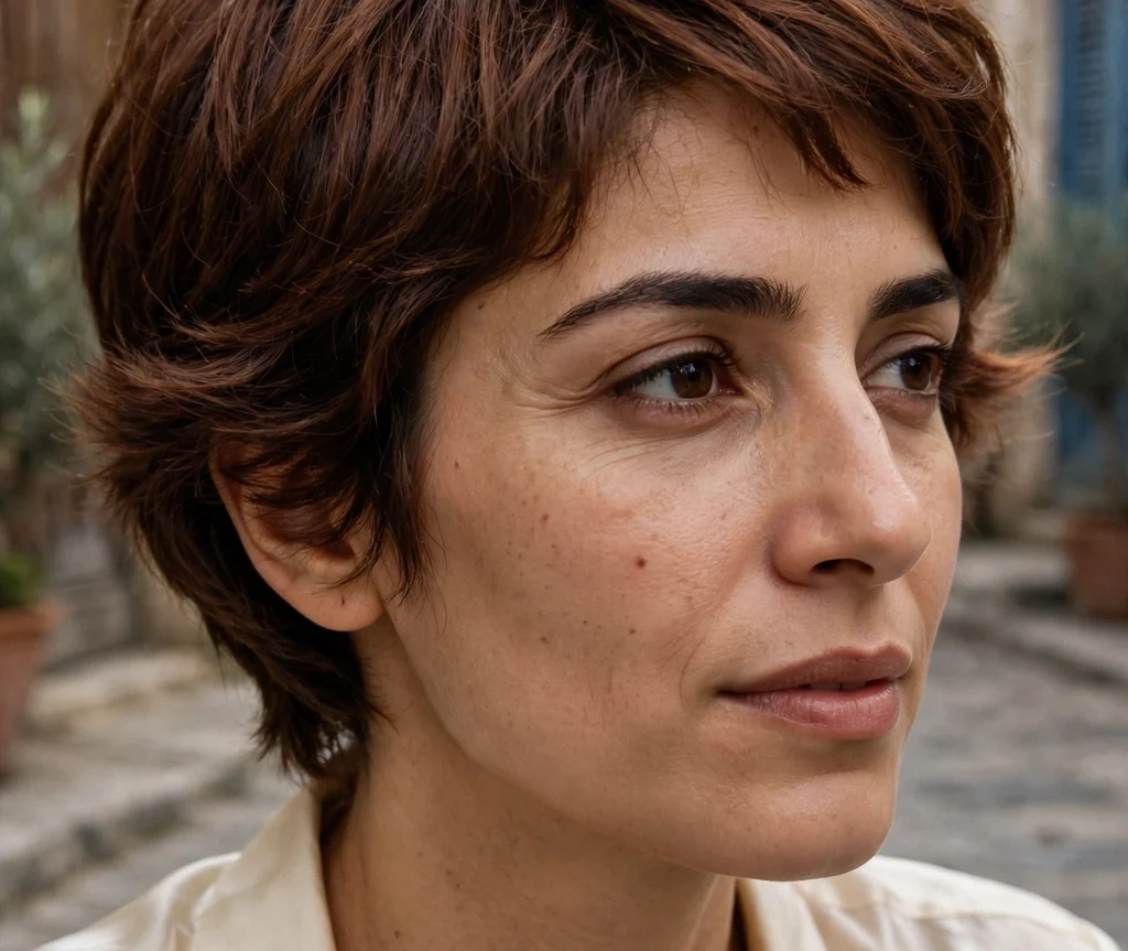 Pixie with side volume on fine chestnut hair, Middle Eastern woman in her late 20s, cream silk blouse, old-town street