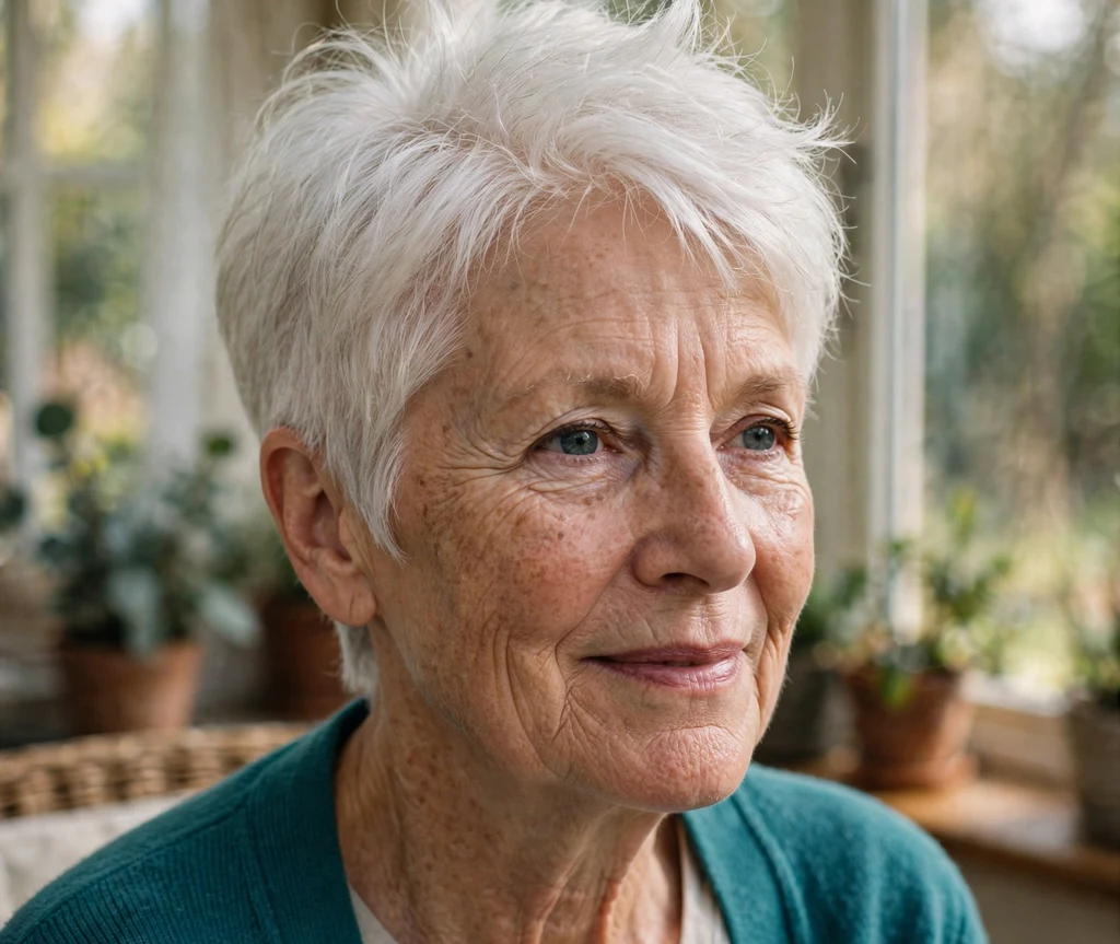 Tapered pixie with lifted roots on fine white hair, Caucasian woman in her late 60s, teal cardigan, sunroom