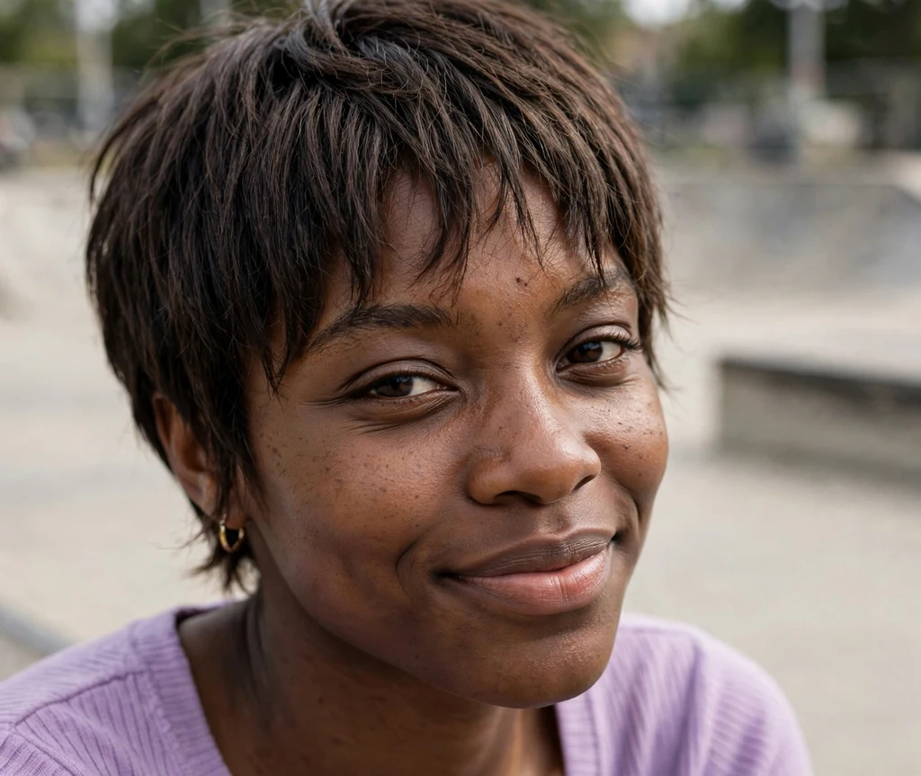 Wispy bang pixie on fine dark brown hair, Black woman in her mid 20s, lavender top, skate plaza