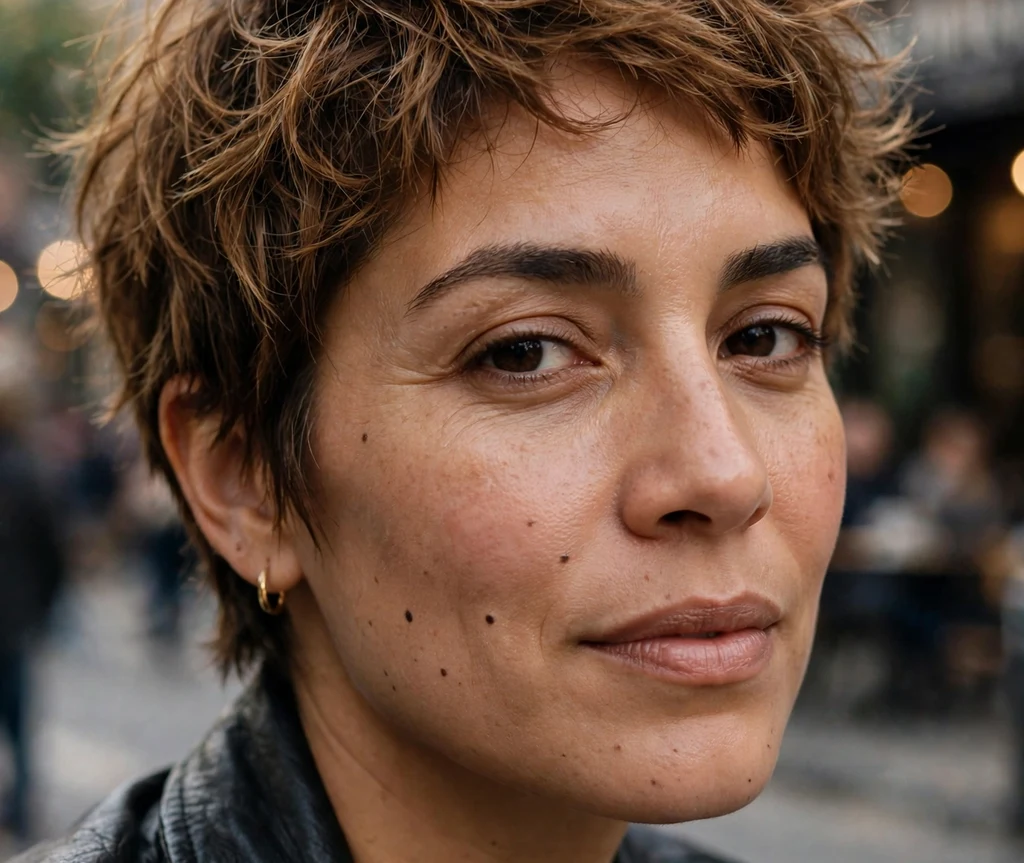 Tousled bedhead pixie on fine caramel hair, Latina woman in her early 30s, black leather jacket, music venue district