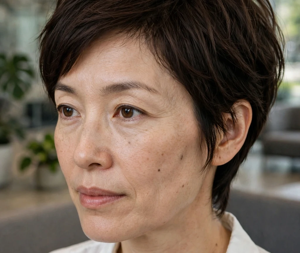 Long-top pixie on fine dark brown hair, East Asian woman in her late 30s, white blouse, office lobby