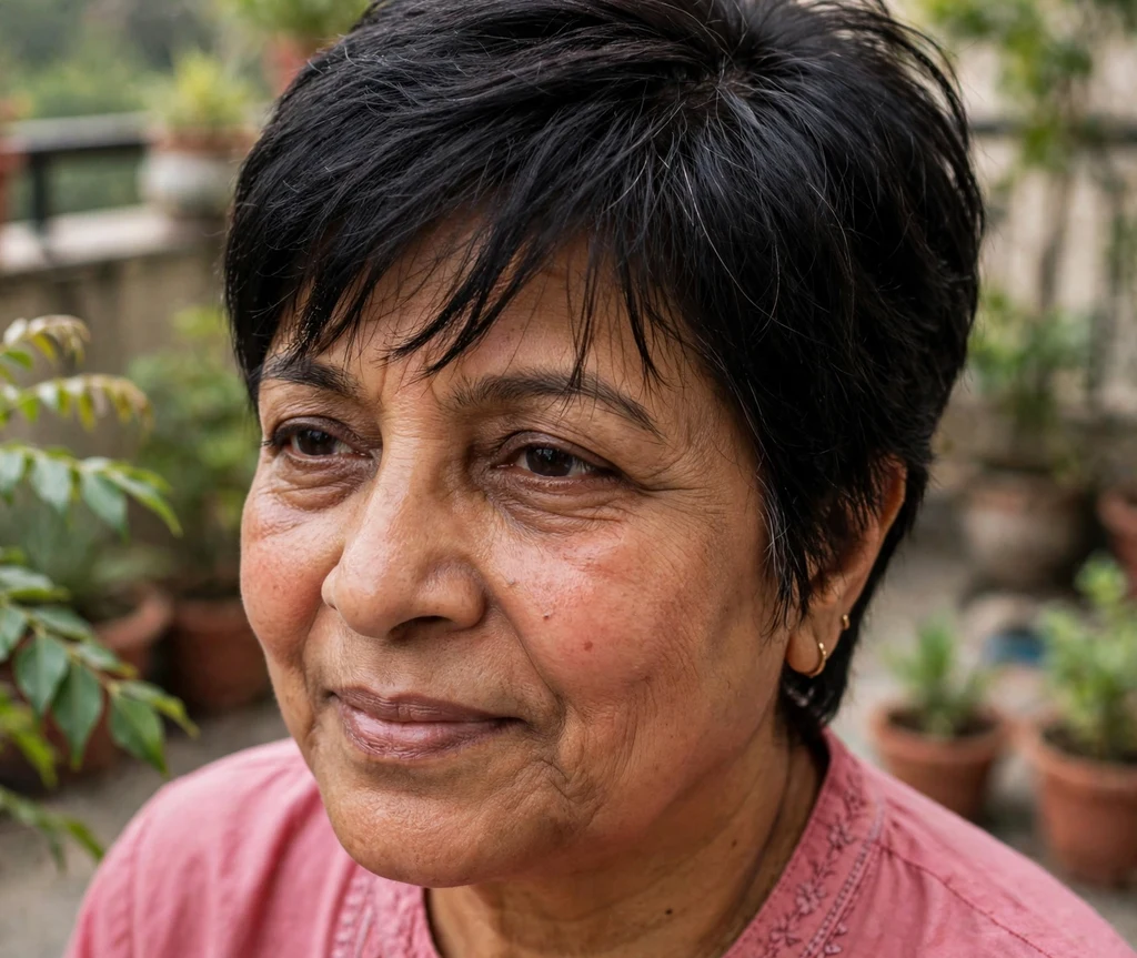 Swept-forward pixie on fine black hair, South Asian woman in her late 50s, rose-pink kurta top, home terrace garden