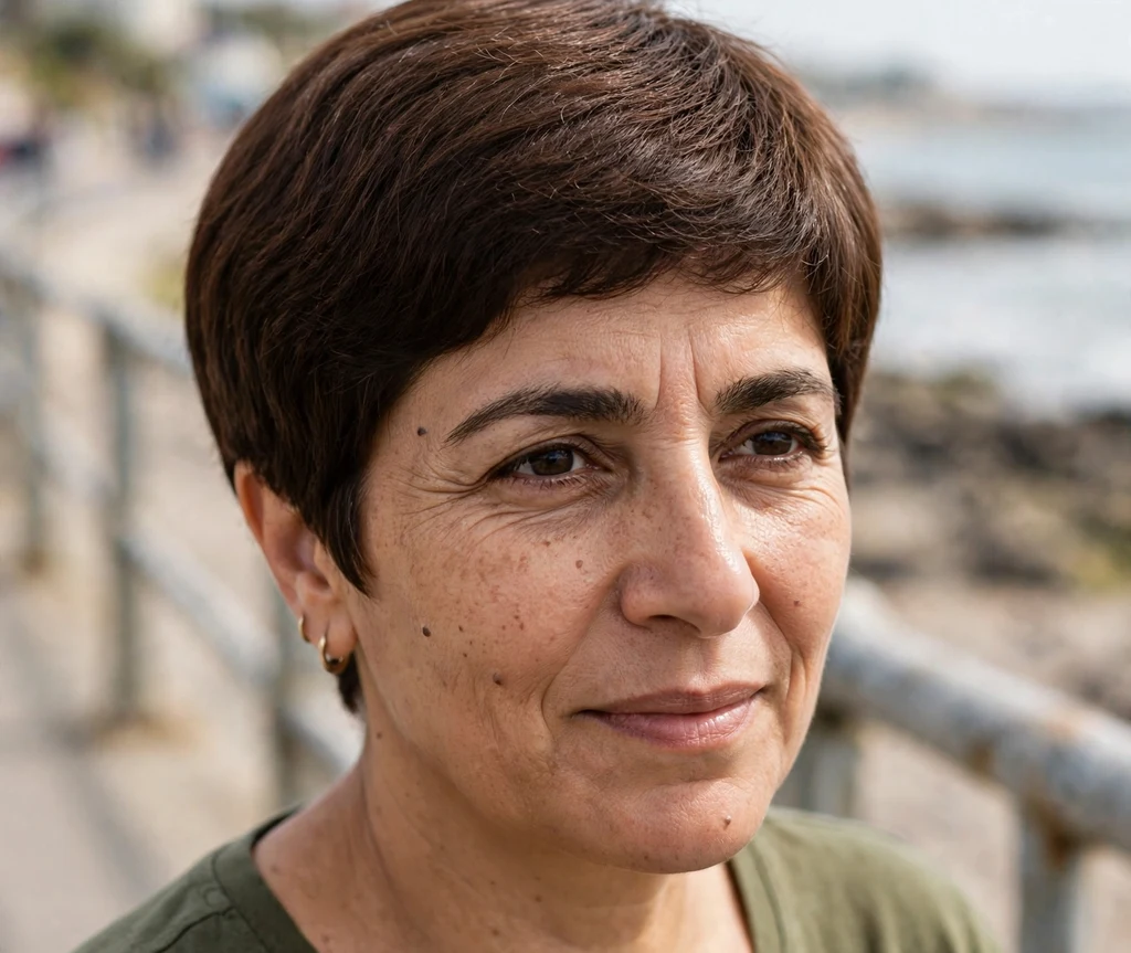 Rounded-crown pixie on fine dark brown hair, Middle Eastern woman in her mid 40s, olive top, seaside promenade