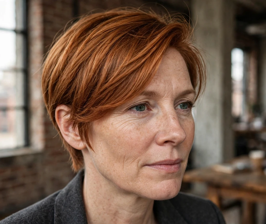 Deep side-part pixie on fine copper hair, Caucasian woman in her early 40s, charcoal blazer, downtown loft