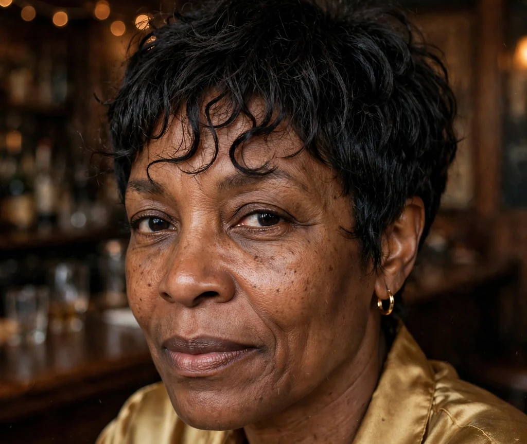 Piecey fringe pixie on fine naturally curly black hair, Black woman in her late 40s, gold blouse, jazz bar