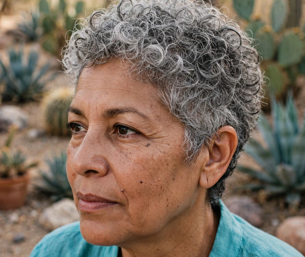 Curly textured pixie on fine gray hair, Latina woman in her mid 50s, turquoise top, desert garden