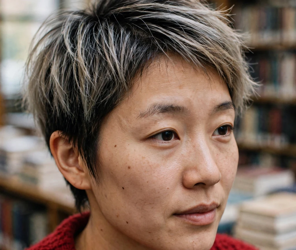 Shadow-root pixie on fine jet black hair with silver roots, East Asian woman in her mid 20s, red sweater, university library