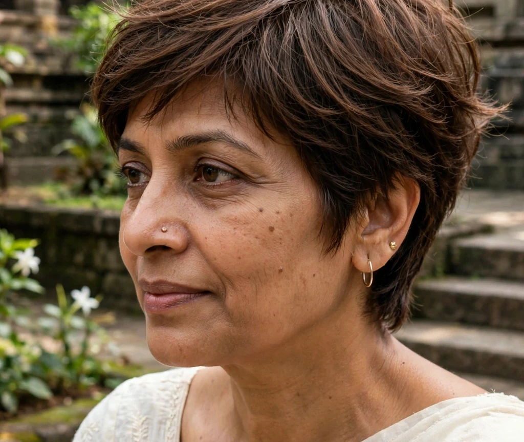 Airy layered pixie on fine chocolate brown hair, South Asian woman in her early 40s, ivory saree blouse, temple garden