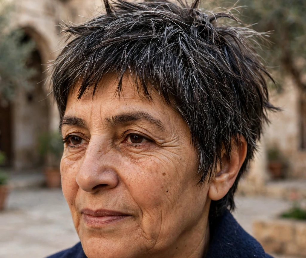 Shattered-ends pixie on fine dark brown hair with silver streaks, Middle Eastern woman in her early 60s, navy coat, historic courtyard