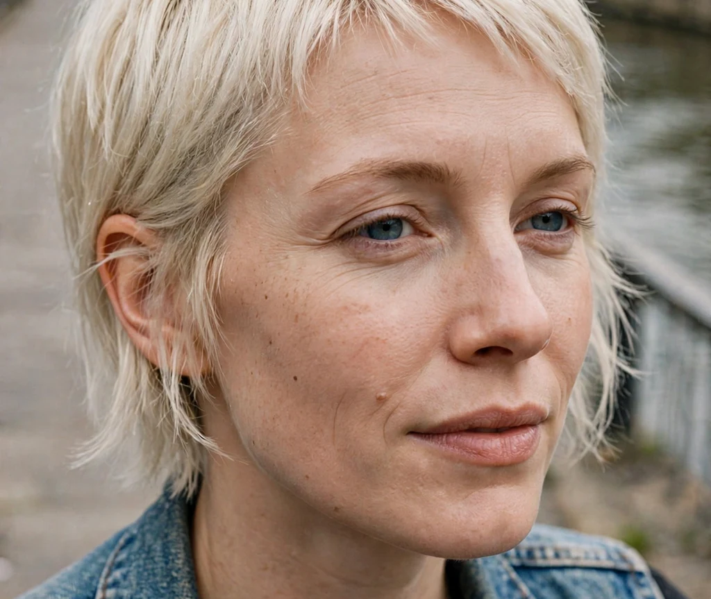 Pixie bob for thin hair on fine platinum blonde hair, Caucasian woman in her late 20s, denim vest, riverwalk
