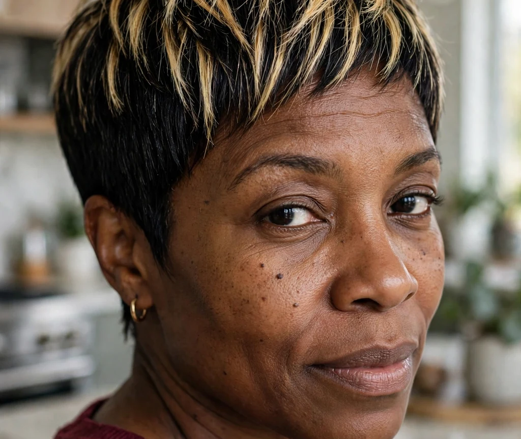 Boldly highlighted pixie on fine black hair, Black woman in her early 40s, burgundy top, modern kitchen
