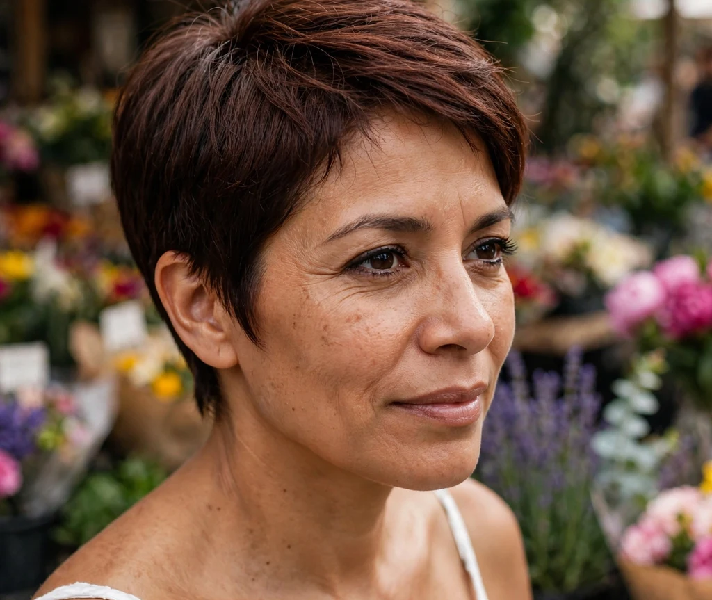 Low-taper pixie on fine mahogany hair, Latina woman in her late 30s, white sundress, flower market
