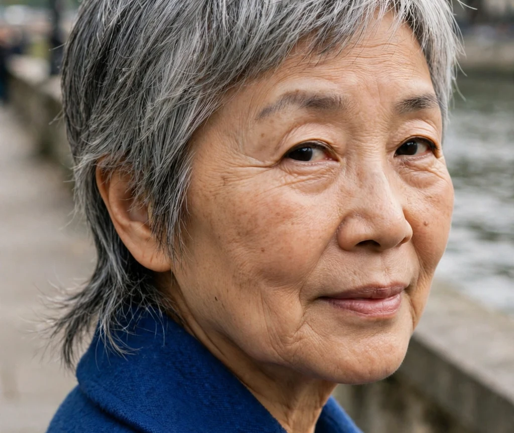 Pixie with longer nape layers on fine gray hair, East Asian woman in her early 60s, cobalt coat, riverside promenade