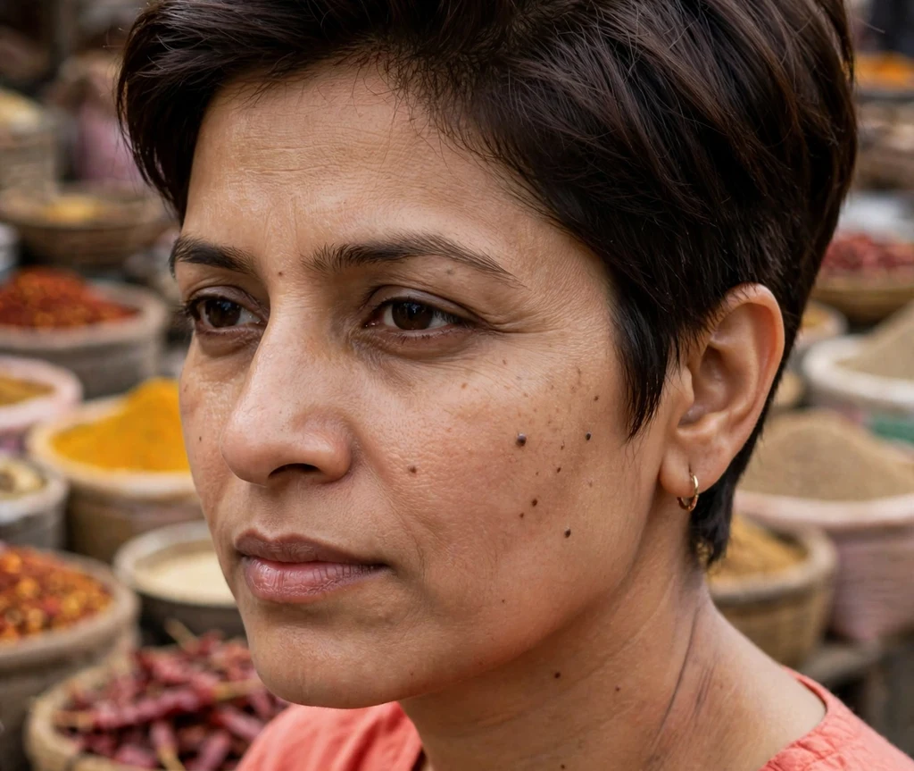 Sleek pixie with volume on fine dark brown hair, South Asian woman in her mid 30s, coral tunic, spice market