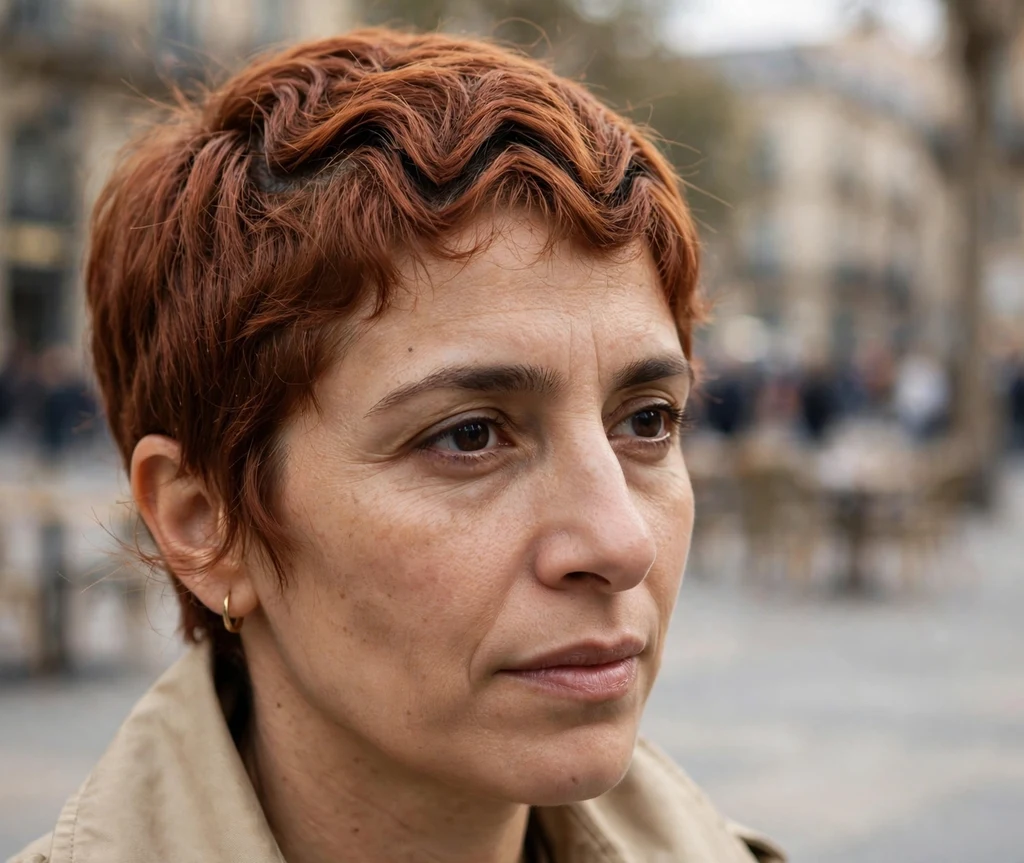 Zigzag-part pixie on fine auburn hair, Middle Eastern woman in her mid 30s, beige trench, city square