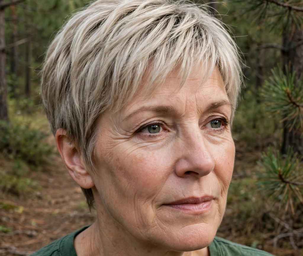 Feathered-bang pixie on fine ash blonde hair, Caucasian woman in her mid 50s, forest-green top, pine forest trail