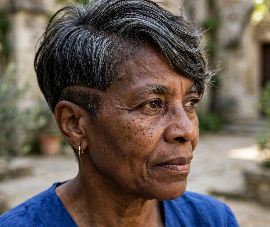 Subtle-undercut pixie on fine salt-and-pepper hair, Black woman in her early 60s, royal-blue dress, church courtyard