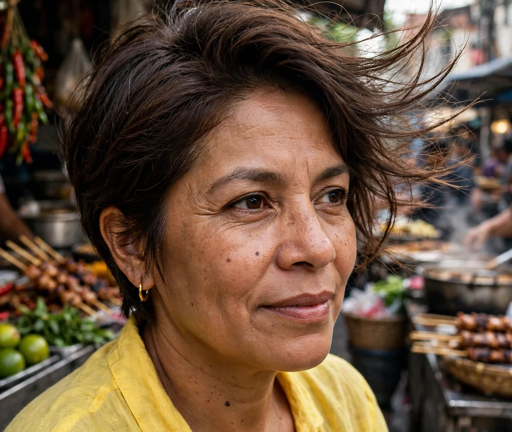 Windswept long-top pixie on fine dark brown hair, Latina woman in her early 40s, yellow blouse, street food alley