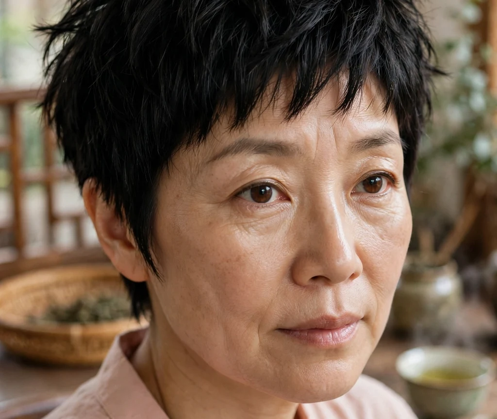 Chunky-texture pixie on fine black hair, East Asian woman in her late 40s, blush-pink blouse, tea house