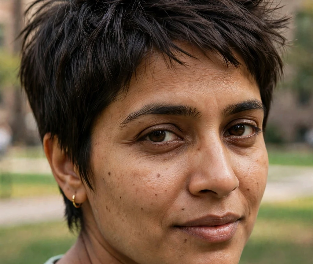 Soft-spiked pixie on fine dark brown hair, South Asian woman in her late 20s, mint-green top, college quad