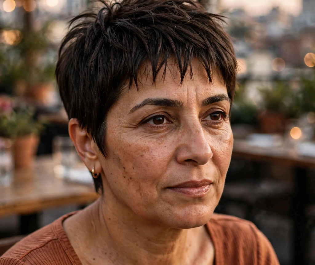 Textured-fringe pixie on fine espresso hair, Middle Eastern woman in her late 40s, copper-toned top, rooftop restaurant