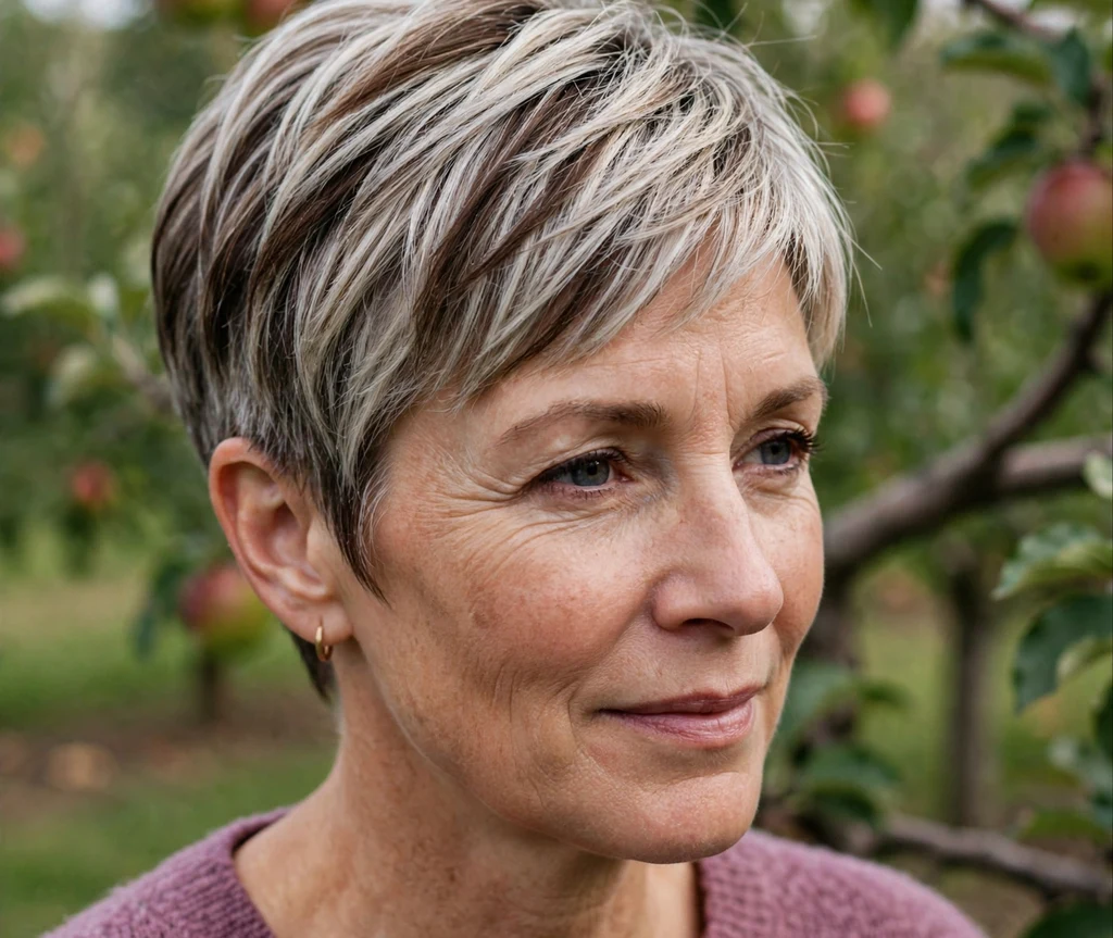 Dimensional lowlights pixie on fine silver-blonde hair, Caucasian woman in her early 50s, mauve sweater, apple orchard