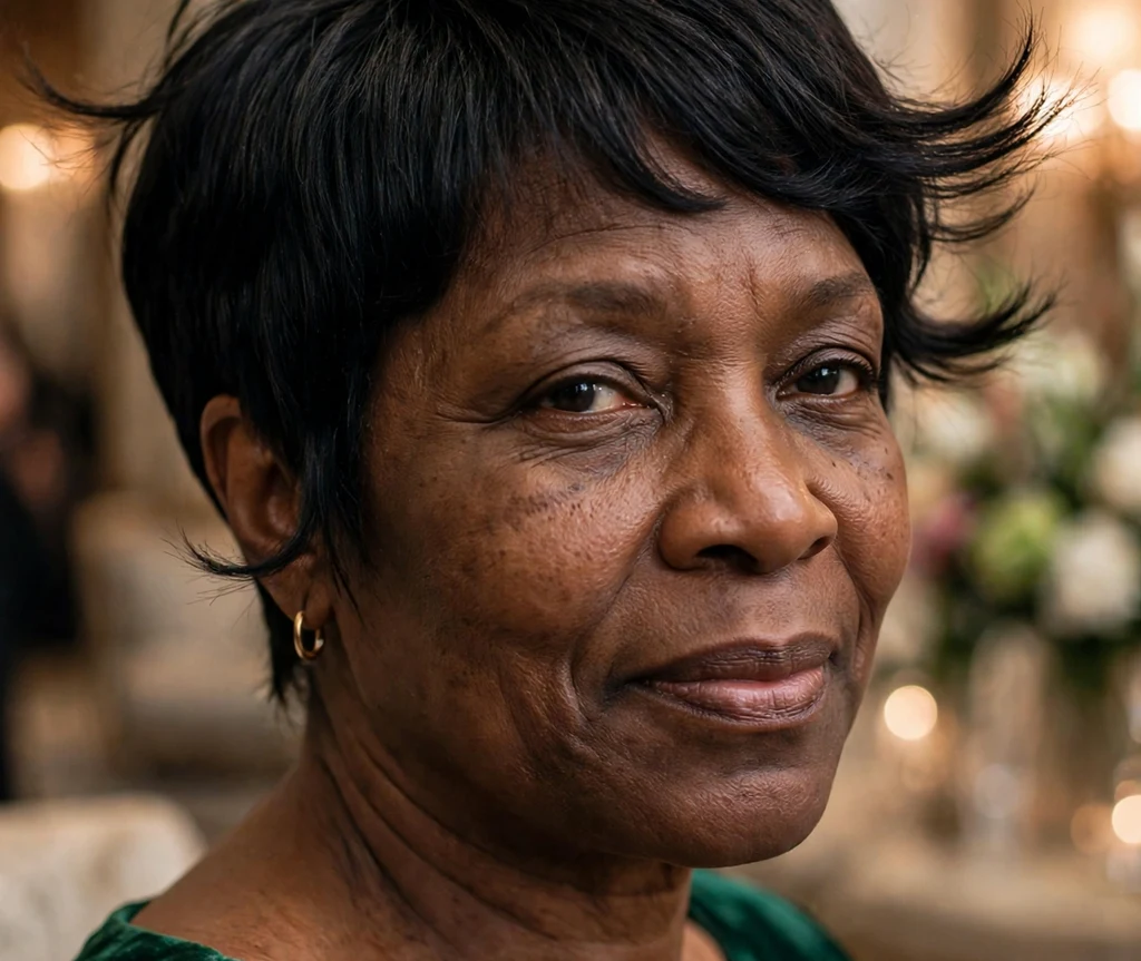 Flipped-end pixie on fine black hair, Black woman in her mid 50s, emerald dress, gala lobby