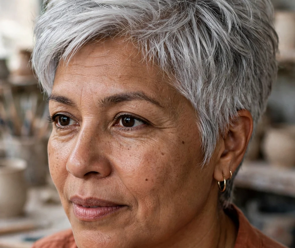 Voluminous silver pixie on fine silver hair, Latina woman in her mid 40s, terracotta top, pottery studio