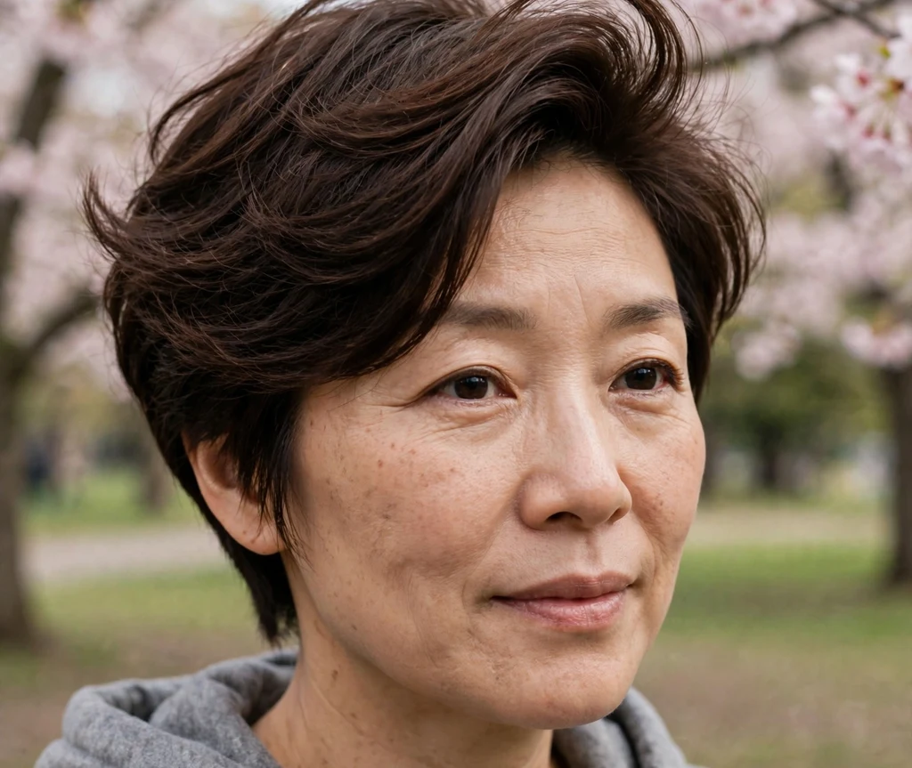 Side-swept volume pixie on fine dark brown hair, East Asian woman in her mid 40s, gray hoodie, cherry blossom park