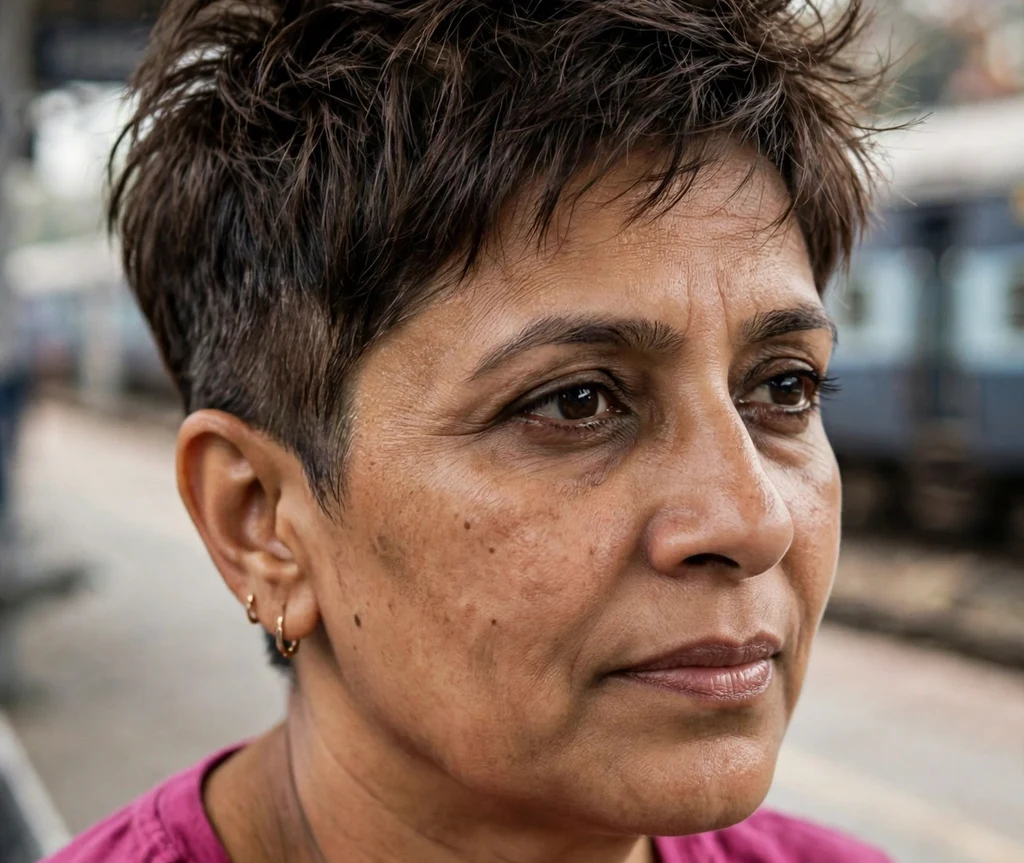 Tapered-sides textured pixie on fine dark brown hair, South Asian woman in her early 50s, magenta top, train platform