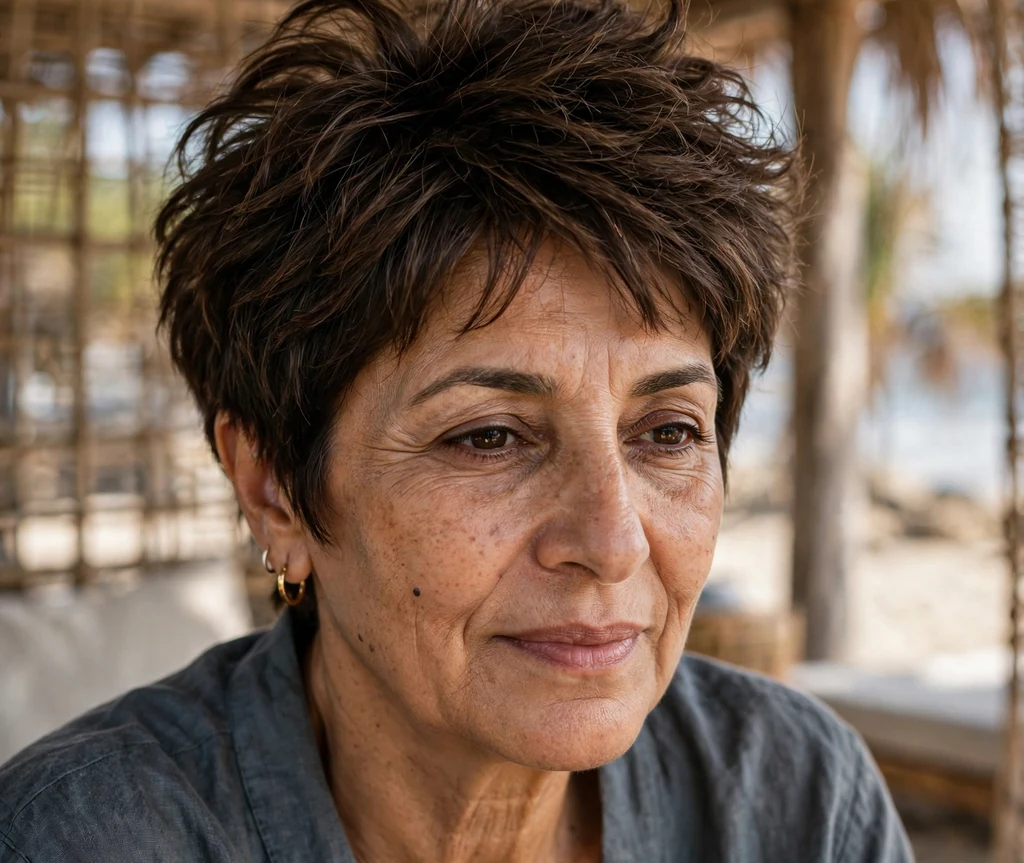 Luxurious full pixie on fine dark brown hair, Middle Eastern woman in her early 50s, slate-gray top, beach cabana