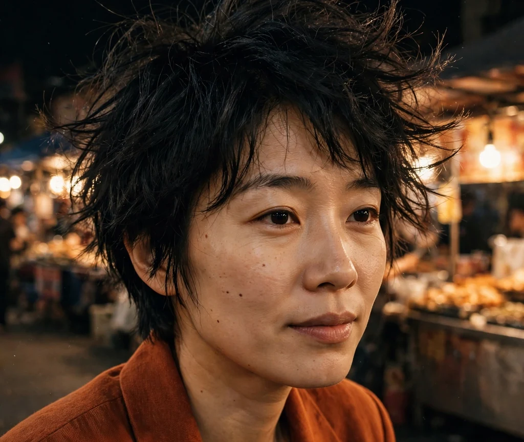 Tousled volume pixie on fine jet black hair, East Asian woman in her late 20s, rust-orange blazer, night market