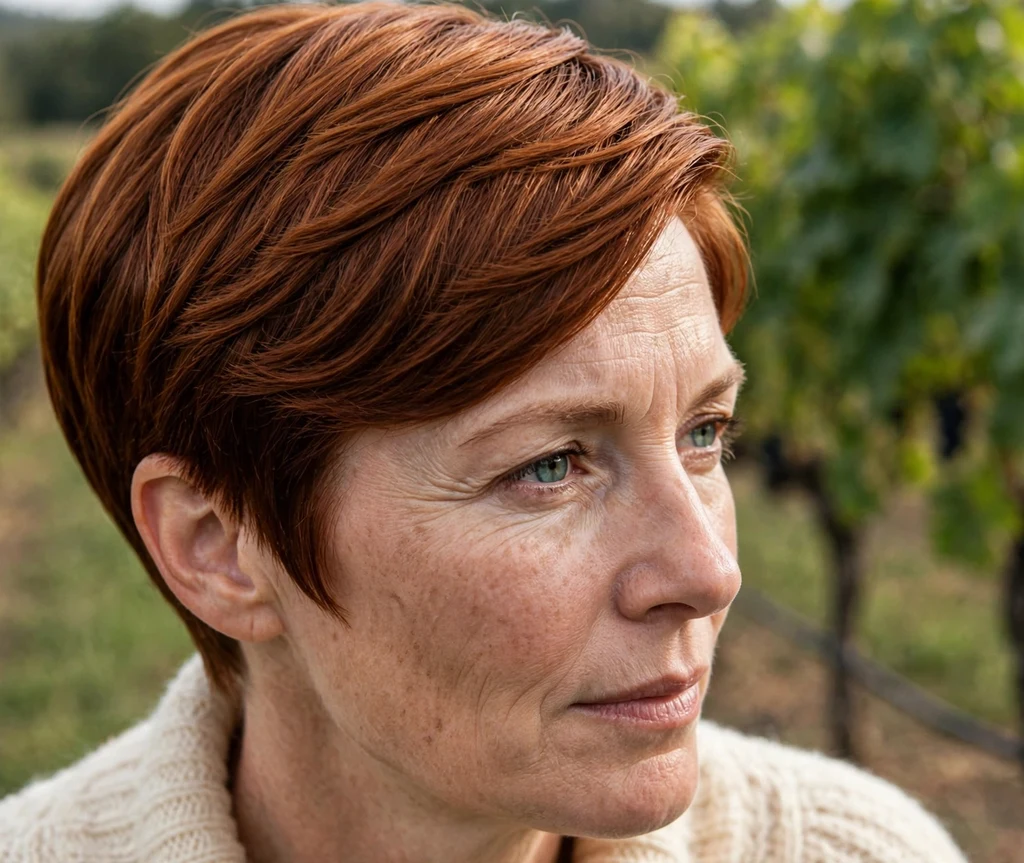 Sleek sculpted pixie on fine auburn hair, Caucasian woman in her mid 40s, cream knit sweater, vineyard
