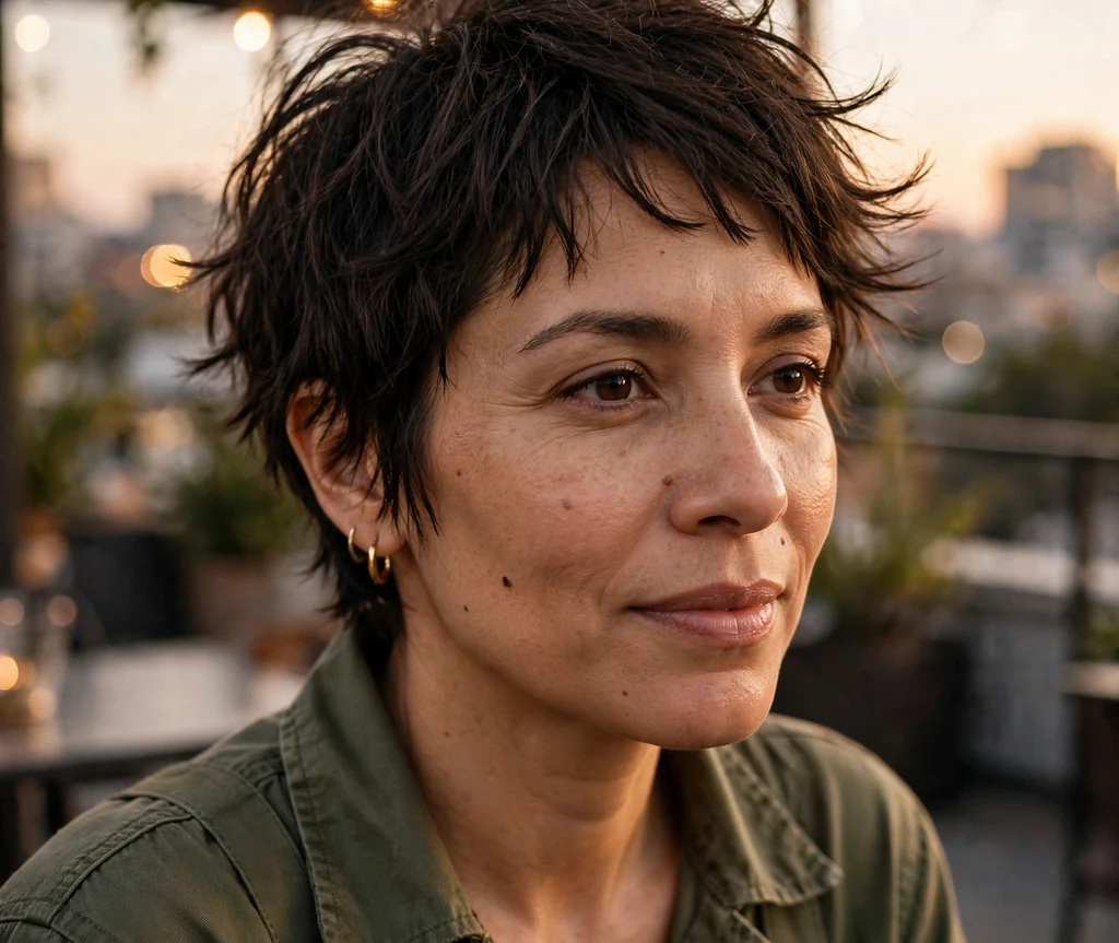Wispy airy pixie on fine dark brown hair, Latina woman in her mid 30s, olive jumpsuit, rooftop bar