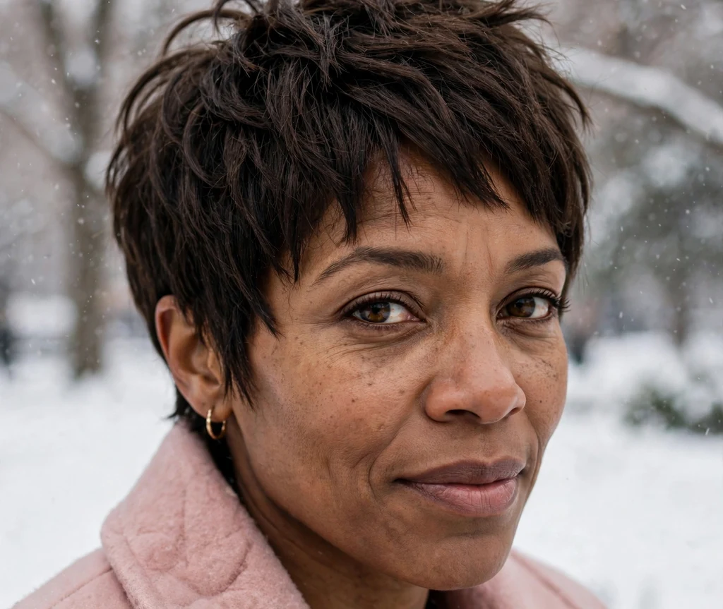 Snow-day textured pixie on fine dark brown hair, Black woman in her mid 30s, blush-pink coat, snowy park