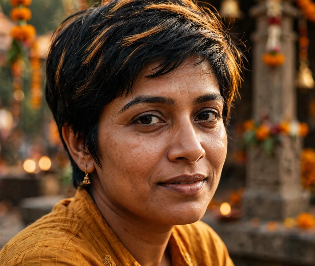 Festive golden pixie on fine black hair, South Asian woman in her early 30s, amber-gold blouse, temple festival