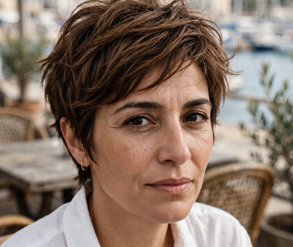 Breezy coastal pixie on fine chestnut hair, Middle Eastern woman in her late 30s, white shirt, seaside café
