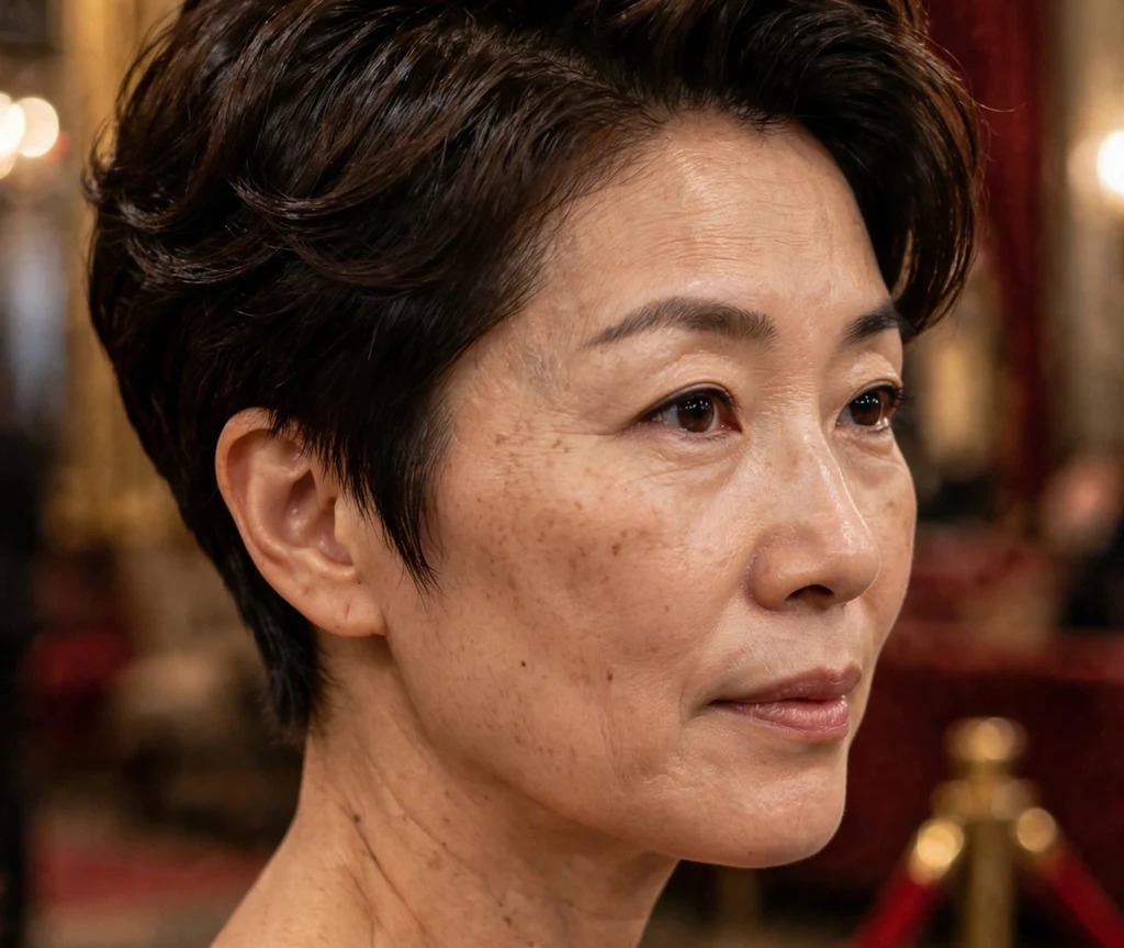 Glamorous evening pixie on fine dark brown hair, East Asian woman in her early 40s, red dress, theater lobby